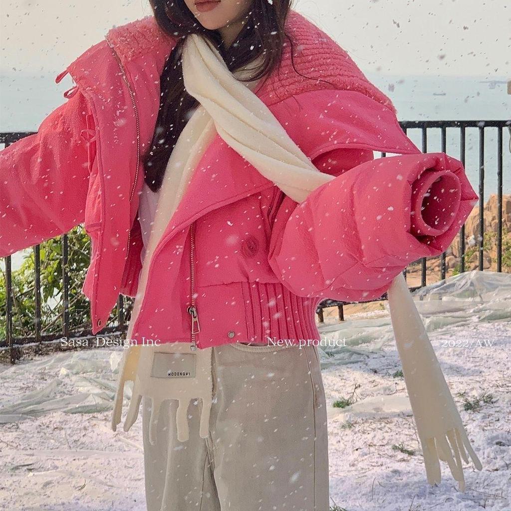 Women's Knitted High Neck Petite Winter Down Jacket - Trendy White Duck Down Streetwear Coat