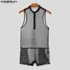 INCERUN Men Sleeveless Hollow See Through Transparent Underwear Jumpsuits Bodysuits