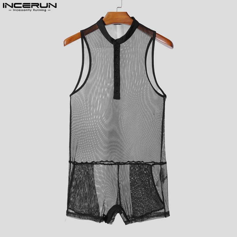 INCERUN Men Sleeveless Hollow See Through Transparent Underwear Jumpsuits Bodysuits
