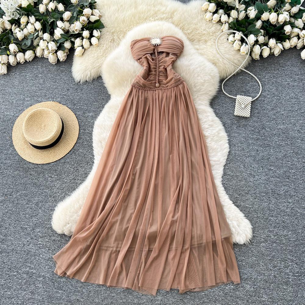 French sleeveless tube top pleated dress women's summer high waist waist thin temperament long mesh dress skirt