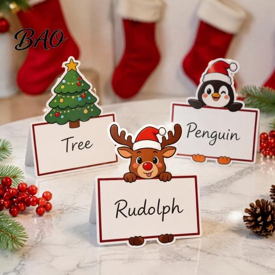 Santa Claus Name Tags Christmas Party Place Card Holders, Cartoon Reindeer Tag Stands Paper Food Labels for Buffet Table Seating, Festive DIY Write-On