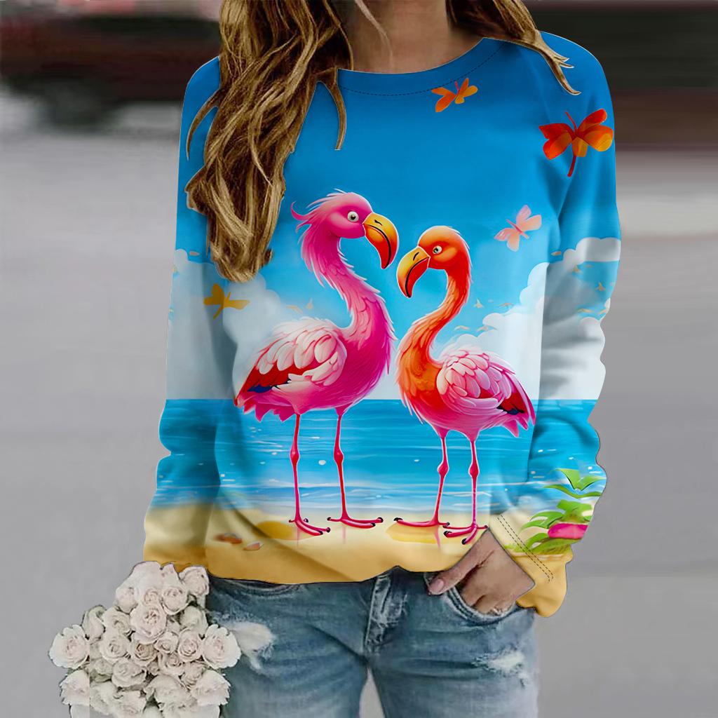 Fall Autumn Women'S Fashion O Neck Long Sleeve T-Shirt Loose Clothes Red-crowned Crane Print T Shirt