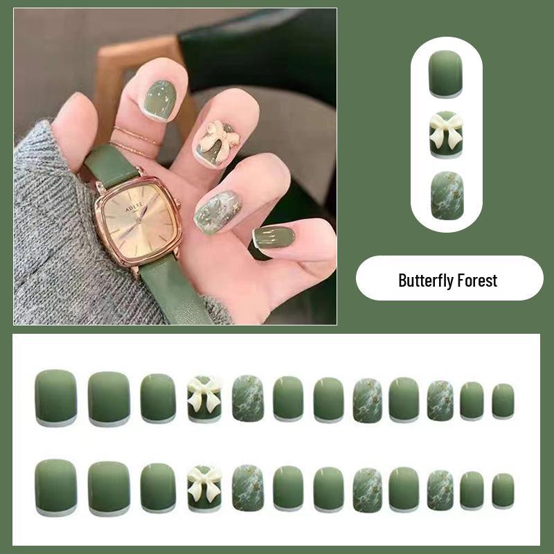 

Student Green Bowknot Short Wearable Nails - High-End Manicure Patches Butterfly Forest [Glue Version]