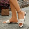 Sexy Knitted Lace Strap Breathable Slides Square Toe Flat Heel Slip On Sandals Women Summer Light Weight Beach Slippers