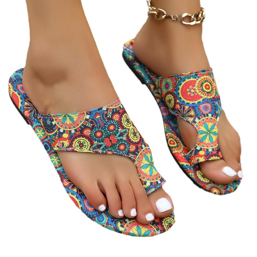 Large size women's slippers summer new flat bottom printing set toe bohemian ethnic cool slippers women