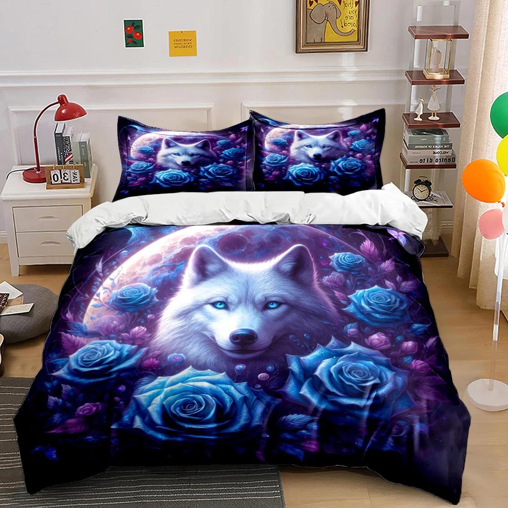 New Arrival! Wolf and Rose Print Bedding Set for Wolf Totem Lovers 1 Quilt Cover 2 Pillowcases Adult and Kids Bedding Set Gifts