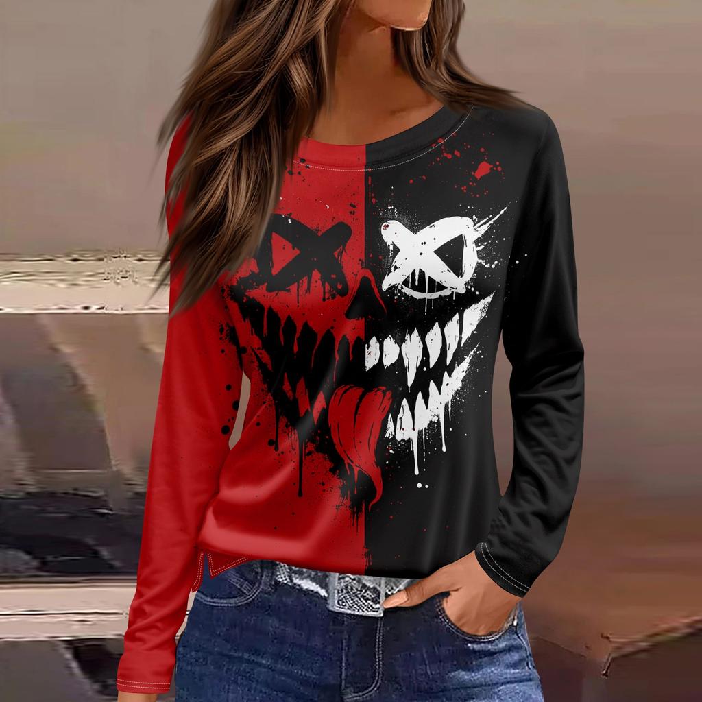 Women's Halloween Print Long Sleeve Round Neck Casual Top with Side Slit