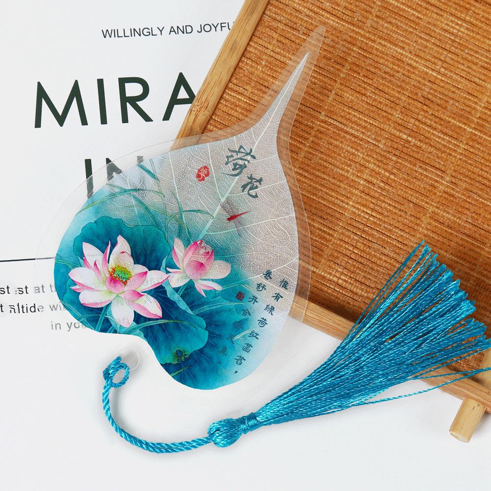 Chinese Bodhi Leaf Bookmark: Floral Ink Wash Style with Peach Blossom, Peony, and Lotus