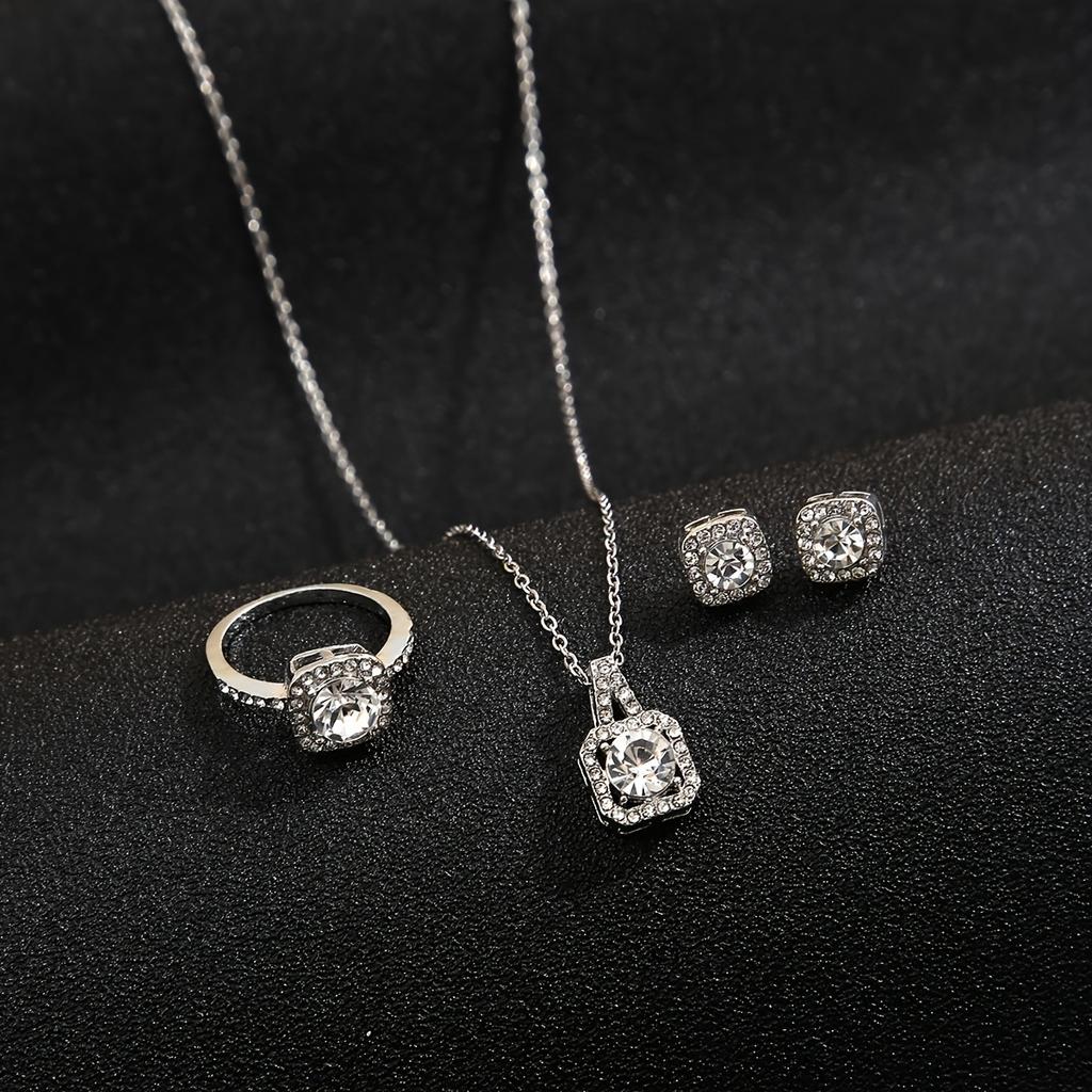 4Pcs/set Fashion Square Zircon Necklace Earrings Ring For Women Luxury Wedding Engagement Jewelry Shining Party Jewelry Gifts