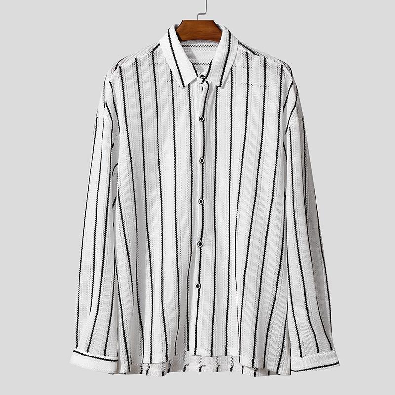 

INCERUN Oversized Men Long Sleeve Lapel Striped Hollow Webbing Casual Loose Tops Shirts 5XL белый