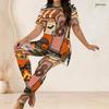 Women Plus Size Halloween Printed Round Neck Short Sleeve Long Top Fitted Long Pants Two Piece Set