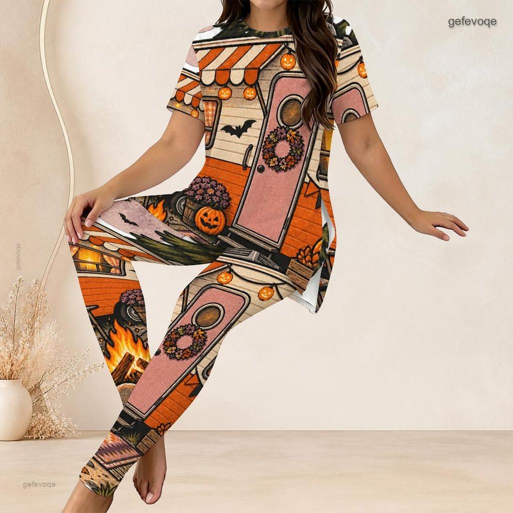Women Plus Size Halloween Printed Round Neck Short Sleeve Long Top Fitted Long Pants Two Piece Set