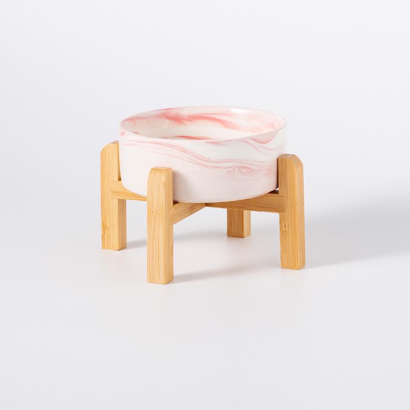 Ceramic Pet Food Bowl with Elevated Bamboo Stand - Anti-Tip Design for Dogs and Cats, Protects Cervical Spine