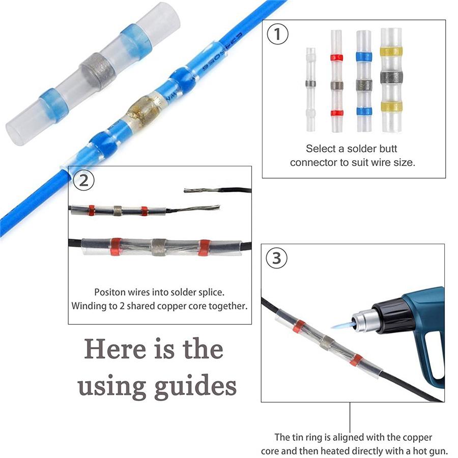 Waterproof Solder Sleeve Heat Shrink Butt Wire Splice Connector 16-14 AWG 100pcs