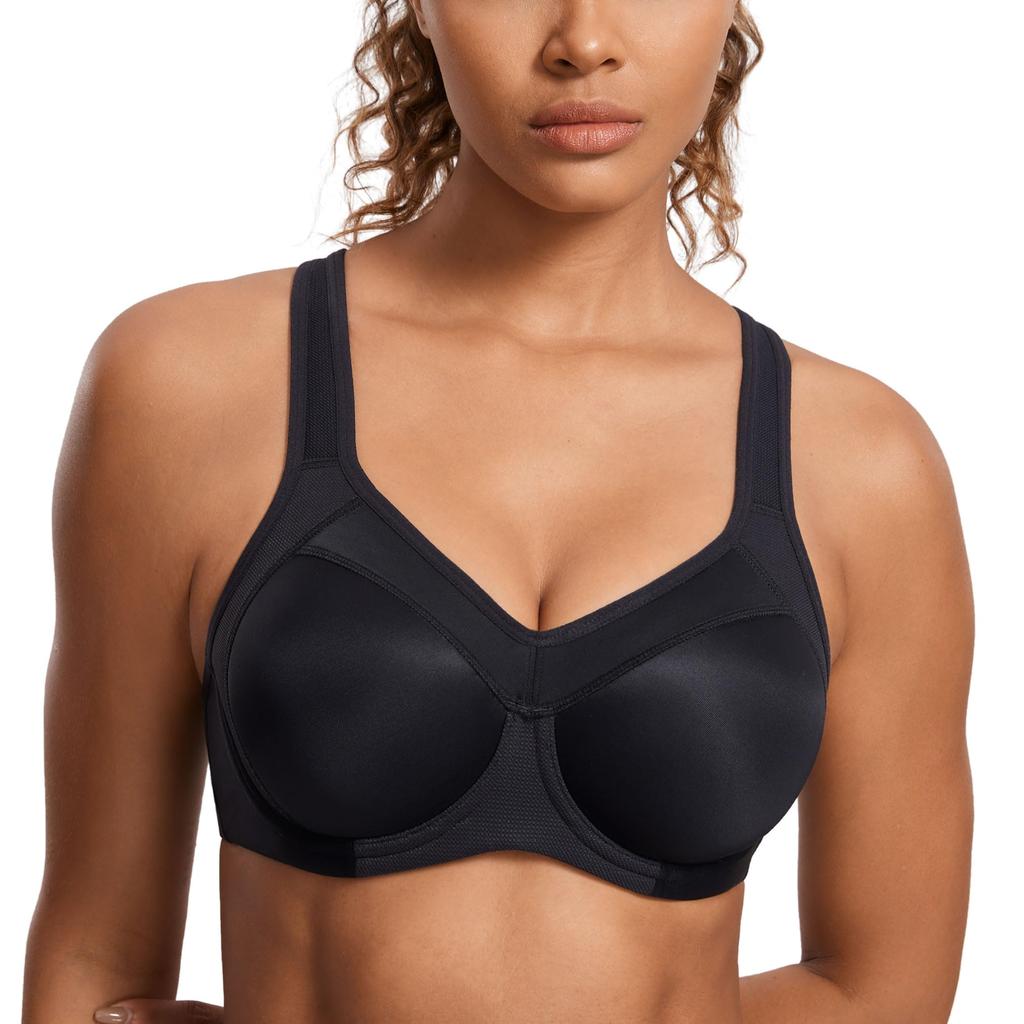 SYROKAN Sports Plus High Molded for and Size D95 Bra, Non-Slip, Size, Support, Cups, Racerback, Y-Back, Underwire, Running, Training, Fitness, Black,