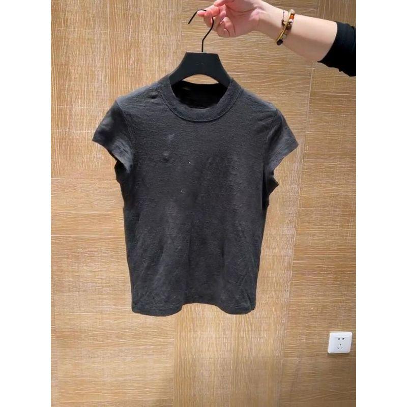 

Buyer Shop Black Fashion Minimalist round Neck Short Sleeve T-Shirt Female 2024 Summer New Arrival Western Style Slim-Fit Crop-Top Black S