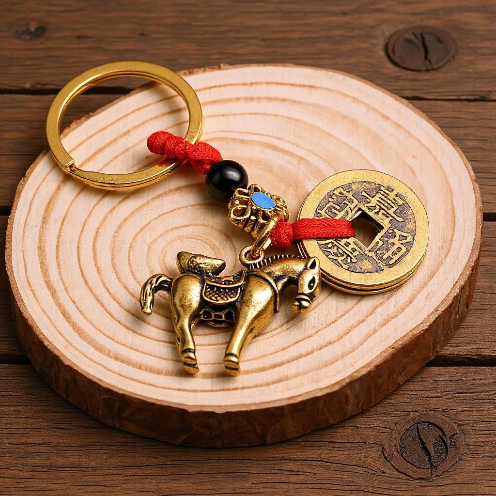 Brass Horse Wealth Keychain Pendant with Five Copper Coins - Creative Car Hanging Ornament