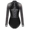 Womens Figure Skating Bodysuit Color Block Patchwork Keyhole Back Sheer Mesh Long Sleeve Rhinestone Leotard