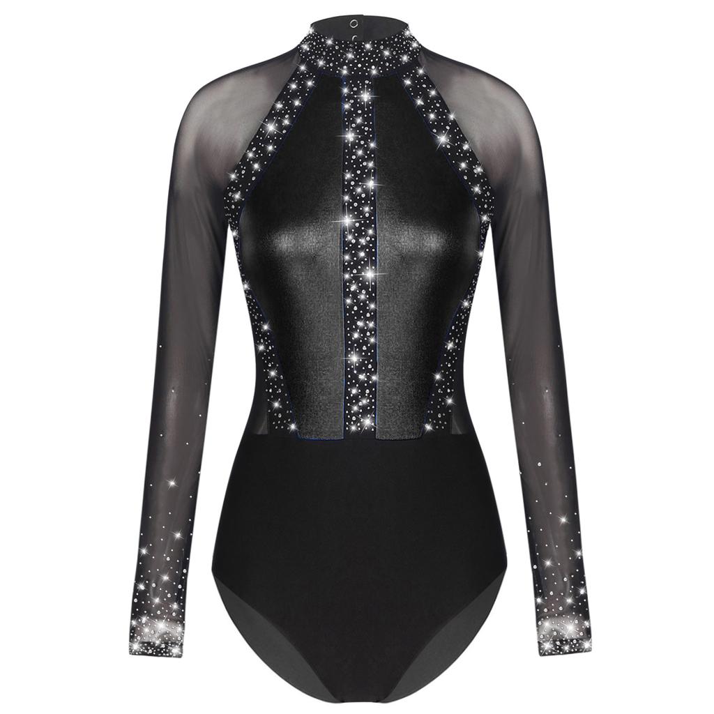 Womens Figure Skating Bodysuit Color Block Patchwork Keyhole Back Sheer Mesh Long Sleeve Rhinestone Leotard