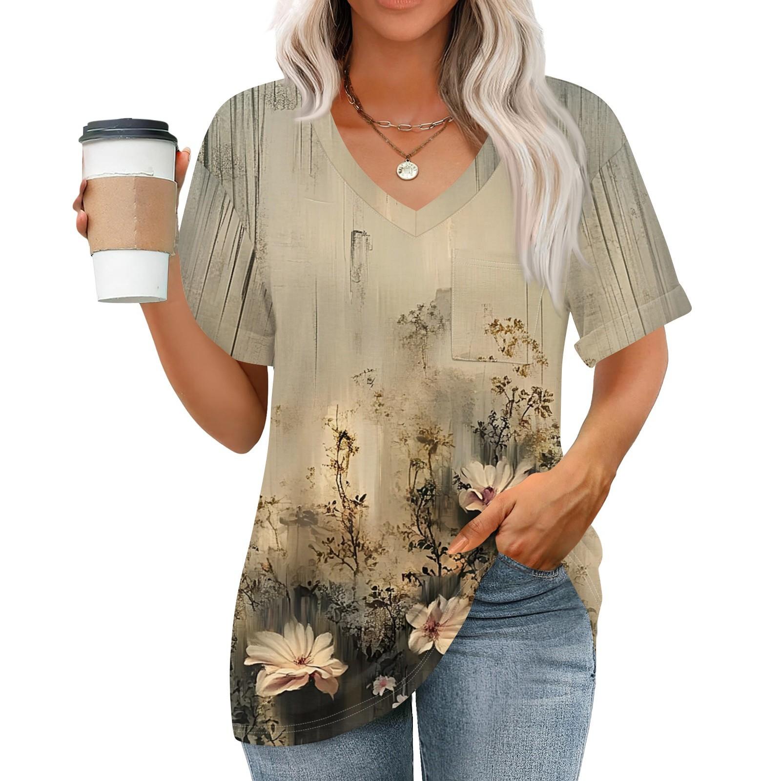 

Женские топы с V-образным вырезом и коротким рукавом Блузки Повседневные модные принты Туники Топы с карманами XXL