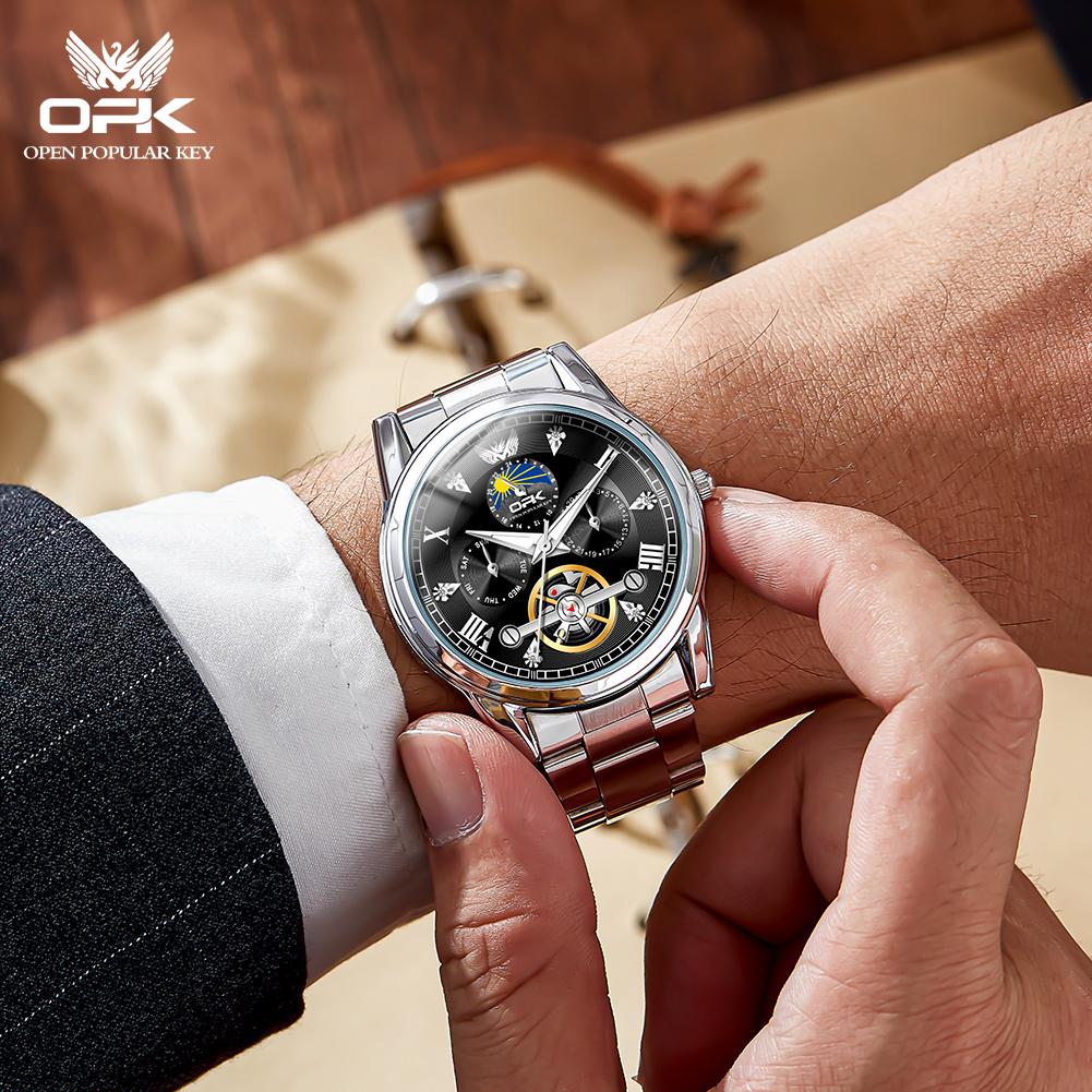 OPK 8148 Luxury Men’s Quartz Wristwatch Dual Calendar Luminous Moon Phase Waterproof Business Classic Watch for Man