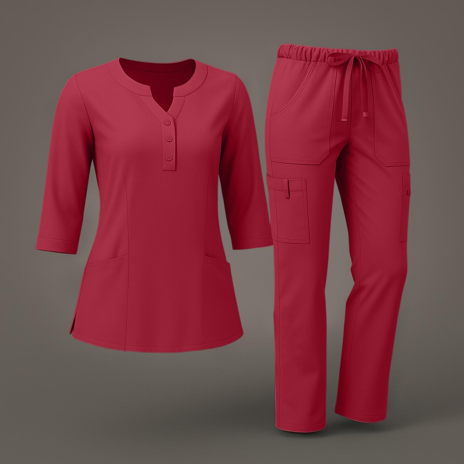 

Женский комплект из быстросохнущей ткани однотонный с V-образным вырезом, карманом и рукавом три четверти, брюки, рабочая одежда XL винный