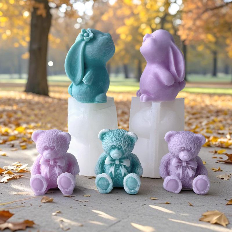 DIY Cartoon Animal Kitten Rabbit Bear Silicone Mold Handmade Aroma Candle Plaster Ornament Mould Soap Epoxy Resin Gypsum Molds