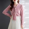 Troloman Women's Long-Sleeve Ribbon Tie Blouse