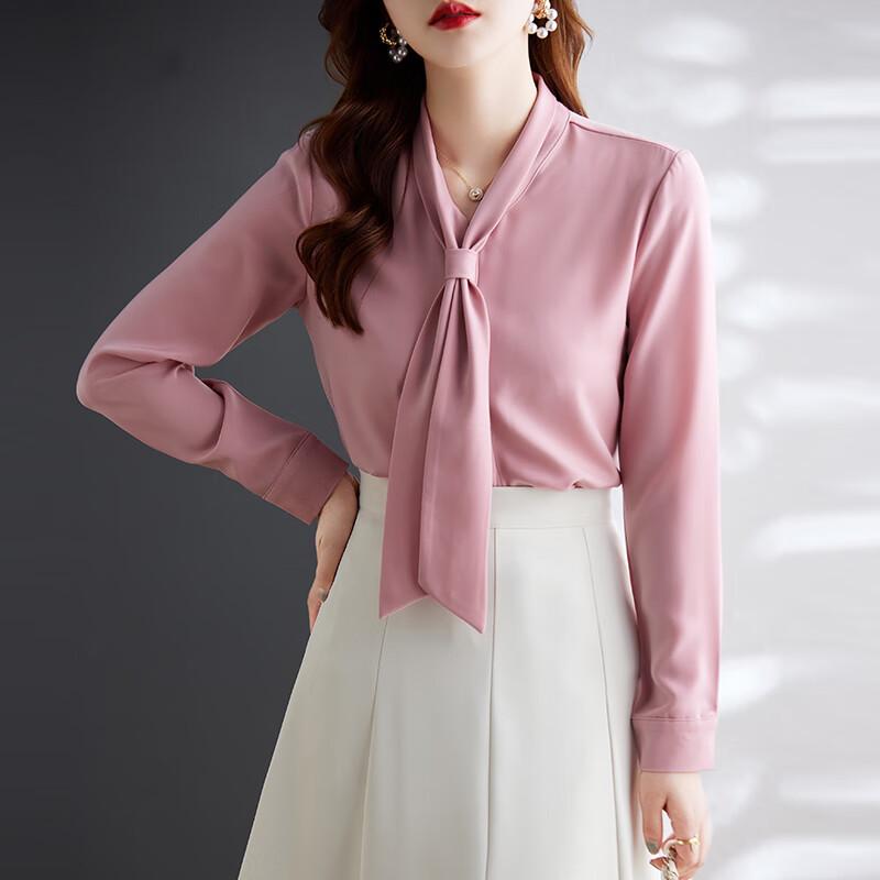 Troloman Women's Long-Sleeve Ribbon Tie Blouse