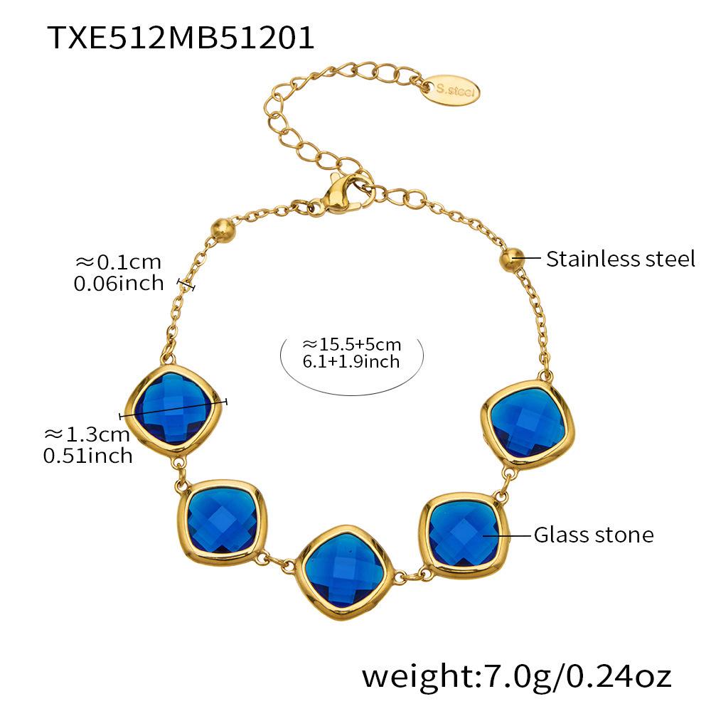 Stylish European & American Stainless Steel Jewelry Set with Square Faceted Glass Stones: Includes Bracelet, Necklace, and Earrings