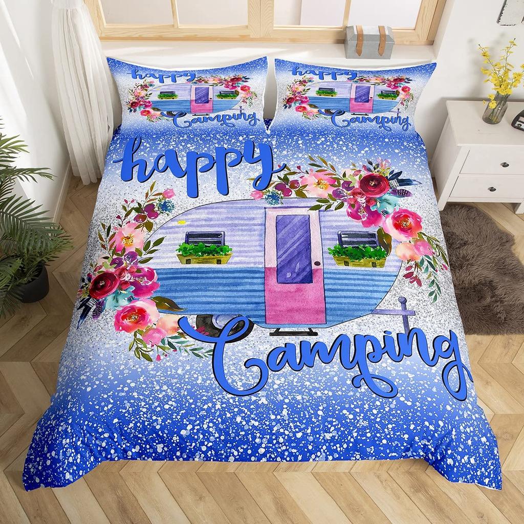 Rustikales Bauernhaus Camper Bettbezug King für Junge Mädchen Blume Happy Camping Bettwäscheset Weltraum Stern Glitzer Galaxie Bettdeckenbezug