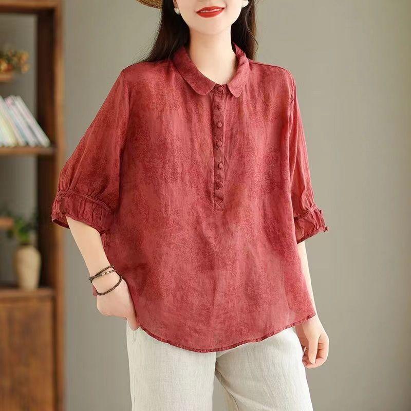Women's Jacquard Collar Shirt Fashion Retro Women's Mid Sleeve Shirt Thin T-shirt