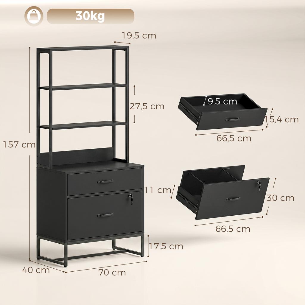 Filing Cabinet with Drawers, Lockable Storage Cabinet with Bookshelf for A4, Letter and Legal Formats, Black