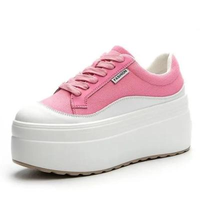 Moda 8cm Novo Canvas Couro Genuíno Mulheres Rosa Moda Tênis Sapatos de Plataforma Cunha Salto Escondido Senhoras Verão Cor Mista Vulcanizado