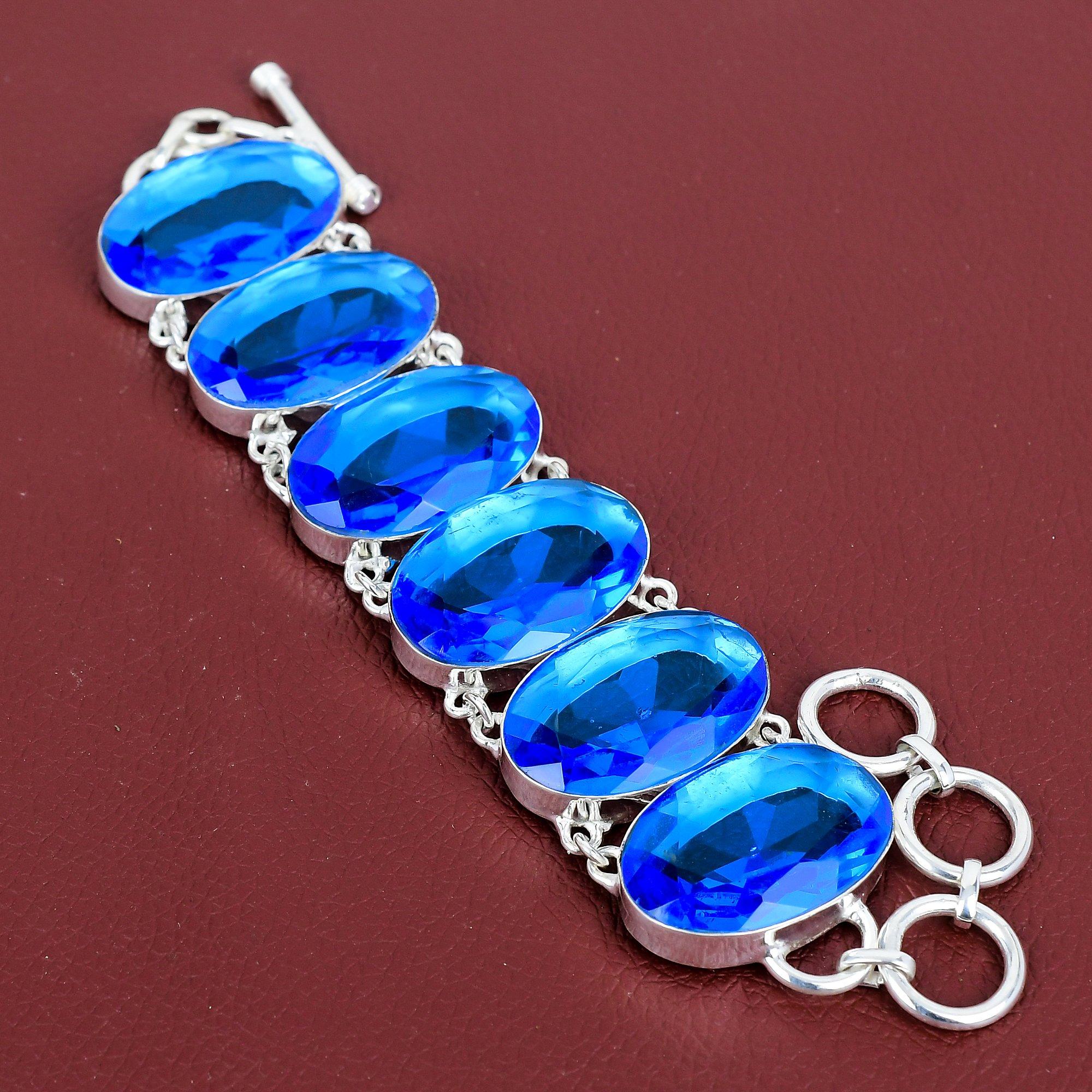 Faceted london blue topaz bracelet handmade gemstone bracelet 925 sterling silver bracelet adjustable chain bracelet silver jewelry for gift Adjustable