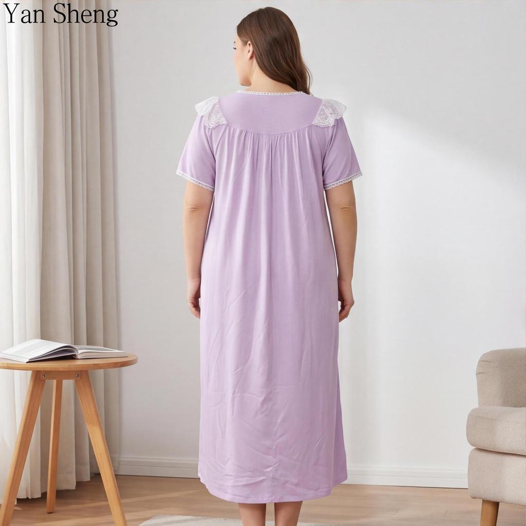 Camiciotto da notte da donna a tinta unita con pizzo, pigiama in cotone a maniche corte, abbigliamento da casa da donna per primavera ed estate, abbigliamento da esterno