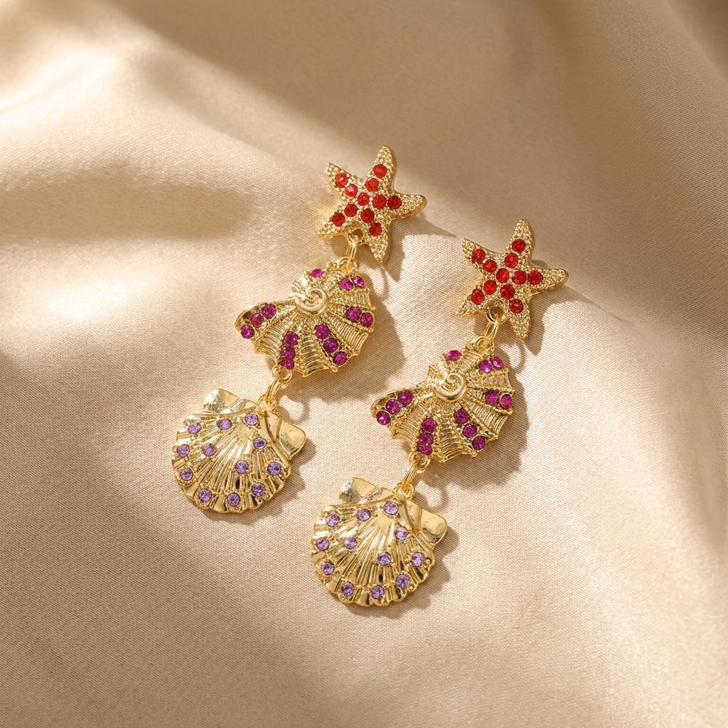 Bohemia Starfish Conch Pendant Earrings for Women Retro Colorful Zircon Irregular Geometric Ocean Earring Party Vacation Jewelry