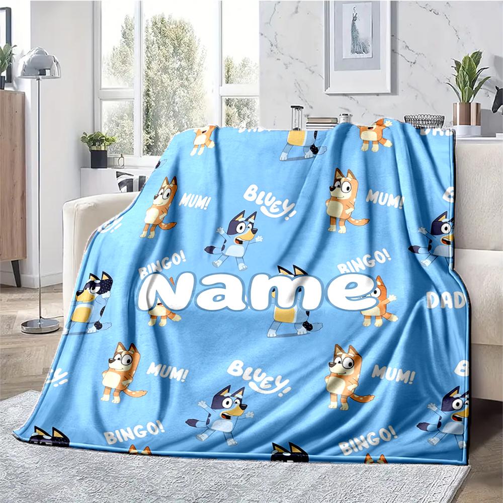 Custom Name Bluey Theme Printed Blanket - Perfect for Couch, Bed, Travel & Outdoor Use | Machine Washable, Cozy & Durable.