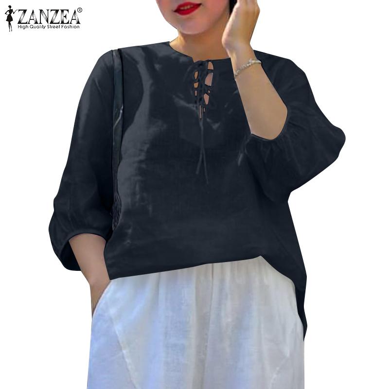 ZANZEA Damska sznurowana bluzka z dekoltem w serek, casualowa, z rękawem 3/4, luźna