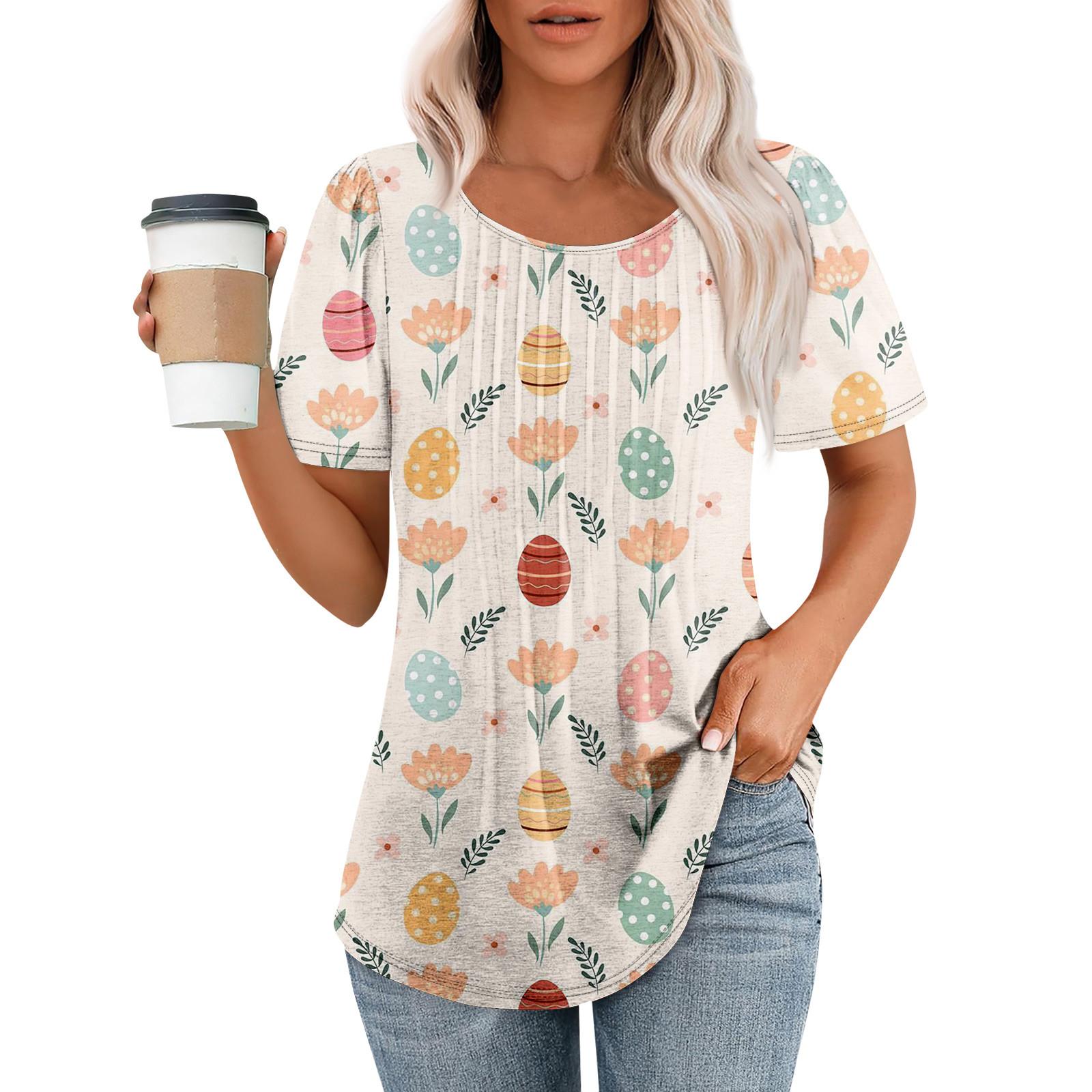 

Женская футболка свободного покроя с короткими рукавами и круглым плиссированным узором на пасхальную тематику XXL бежевый