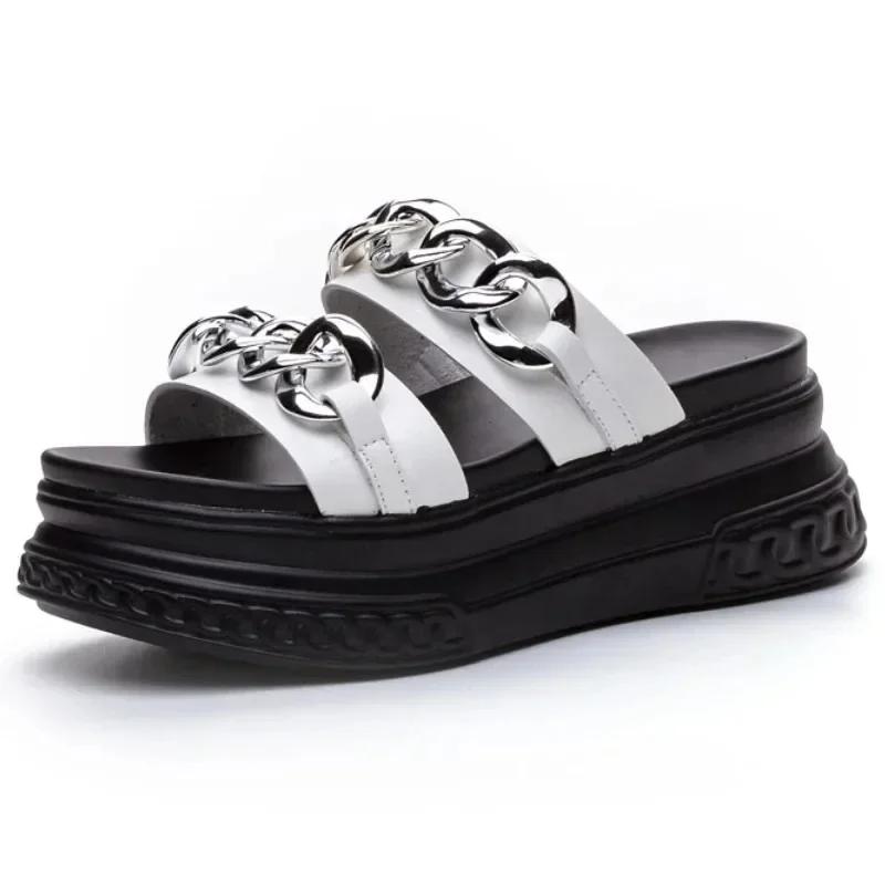 Fashion 7CM Cow Genuine Leather Peep Toe High Brand Sandal Shoes Platform Wedge Synthetic Slippers Women Ladies Summer Fashion