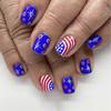 24 Pcs 4th Of July Patriotic Press On Nail Short Square False Nail Stripe Acrylic Nail Independence Day Stick on Nail
