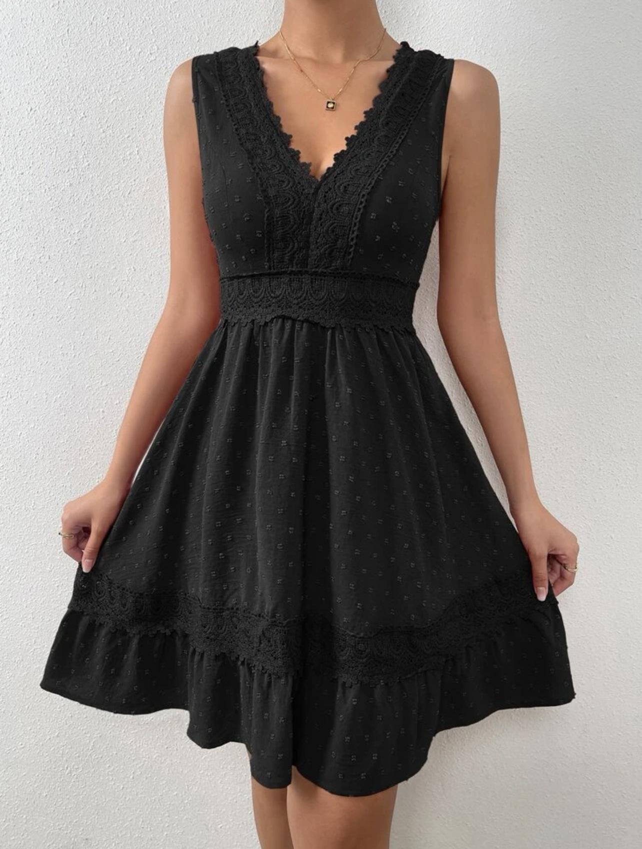 

2023 Кружевное плиссированное платье с V-образным вырезом и открытой спиной XXL чёрный