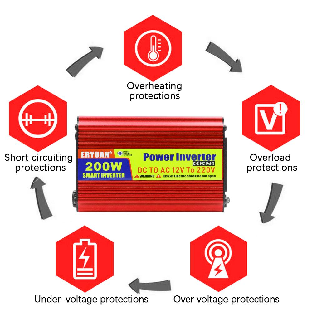 Car power inverter DC/AC converter universal AC socket with USB charger port 200W cigarette lighter plug/clip adapter DC 12V to AC 220V