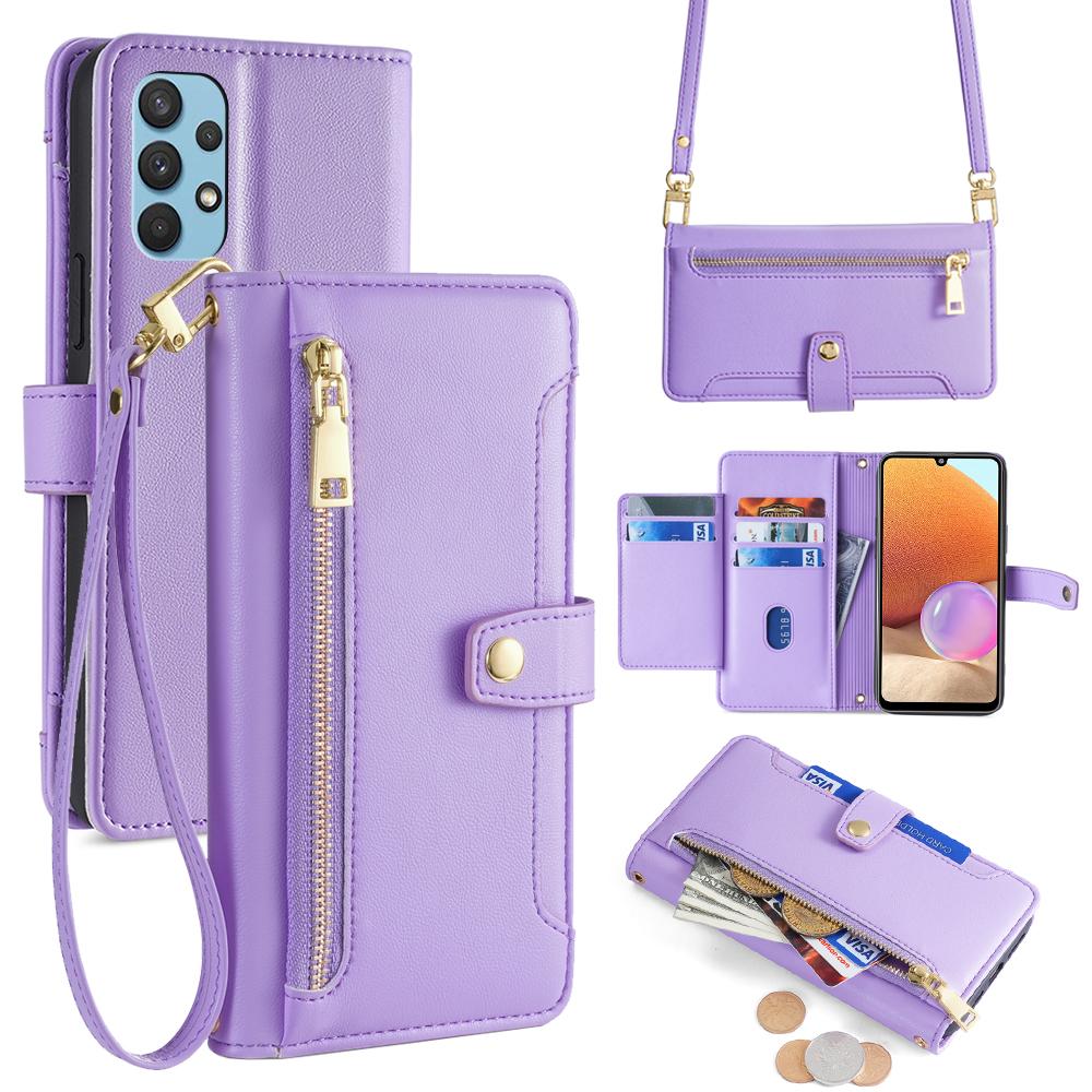 

For Samsung Galaxy A32 4G (EU Version) Cell Phone Case Zipper Pocket Leather Cover with Wrist Strap F