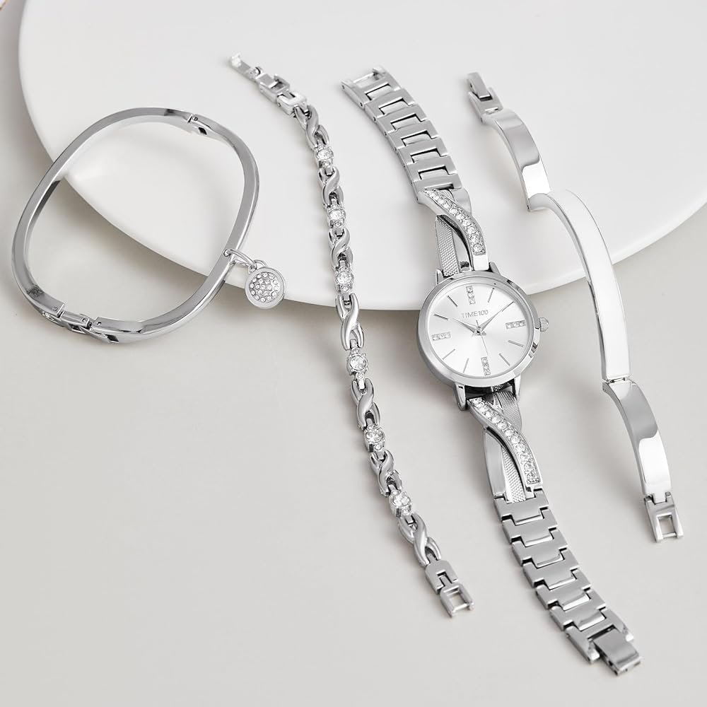 TIME100 Elegant Women's Watch Gift Set with 3 Bracelets Silver Quartz Watch Gift Wrapped