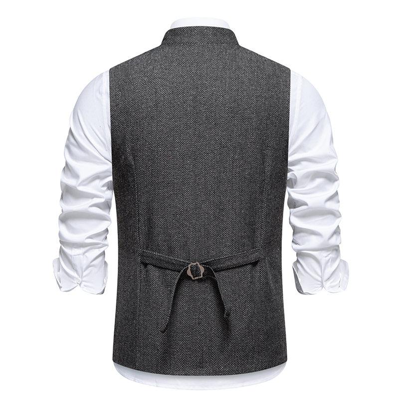 Autumn British Style Retro Vest For Men Fashion Stand Collar Herringbone Coarse Tweed Suit Vest Waistcoat Vintage Gentleman