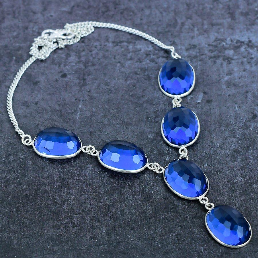 Náhrdelník se švýcarským modrým topazem, drahokam 925, stříbro 18"