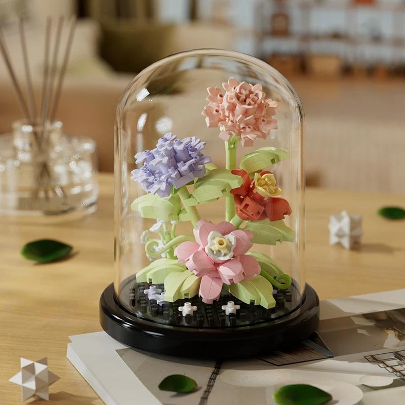 Micro Flower Bouquet Bonsai Building Block Artificial Plastic Plant Dust Cover Micro Model Home Decoration Toy Kid Birthday Gift