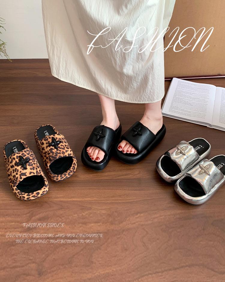 Cross Flower Small Man Increases Height Thick Sole 2025 New Summer Cool Slippers Women's Shoes Wear Leopard Print One-word Slippers